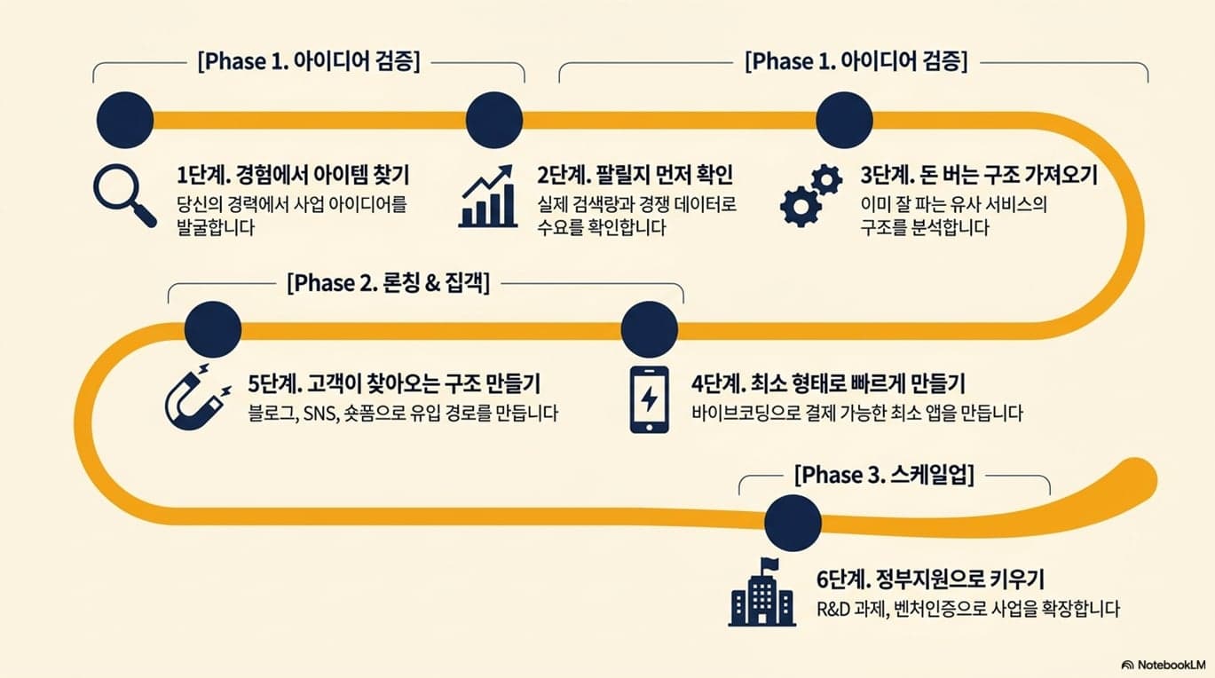 6단계 로드맵 — Phase 1 아이디어 검증(경험에서 아이템 찾기, 팔릴지 먼저 확인, 돈 버는 구조 가져오기), Phase 2 론칭 및 집객(최소 형태로 빠르게 만들기, 고객이 찾아오는 구조 만들기), Phase 3 스케일업(정부지원으로 키우기)