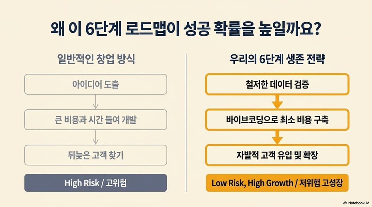 6단계 로드맵이 성공 확률을 높이는 이유 — 일반적 창업(High Risk) vs 우리의 6단계 생존 전략(Low Risk, High Growth)